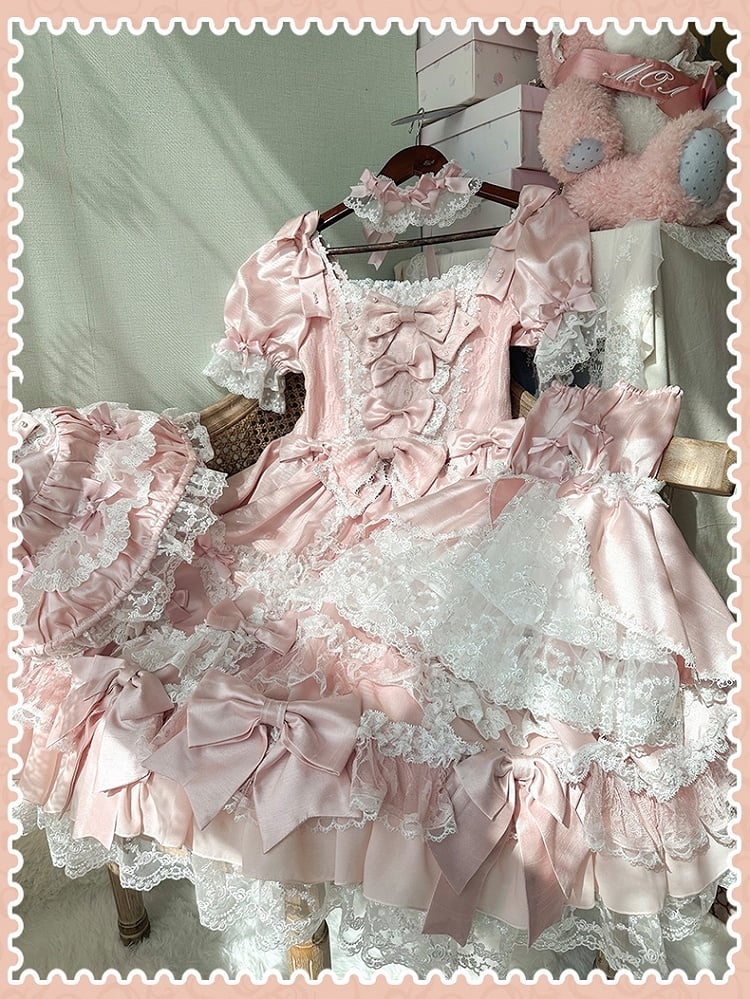 Princess Bow High Lolita Sleeves Sweet Accents Waist with Pink Dress Detachable
