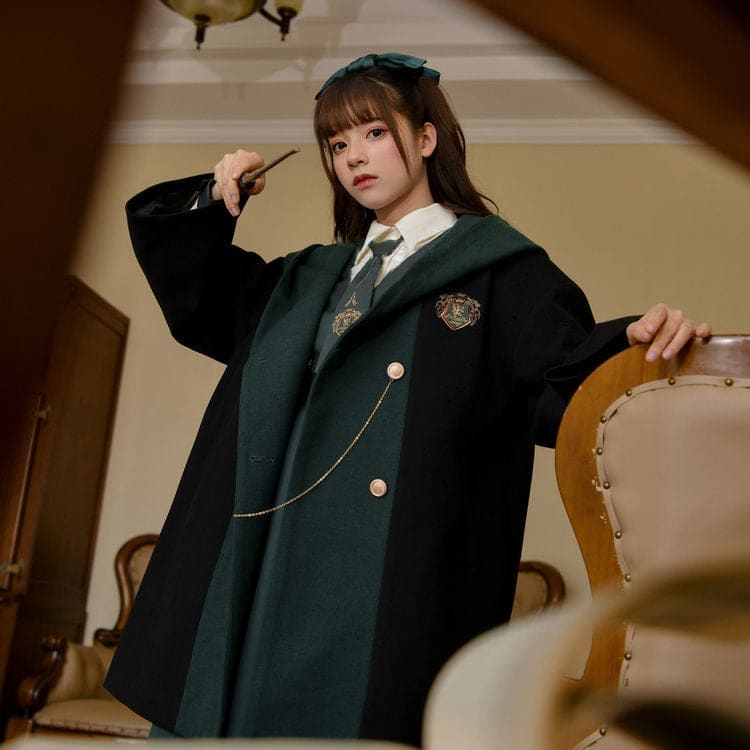 Dark Academia Green Maggical Preppy School Uniform Midi