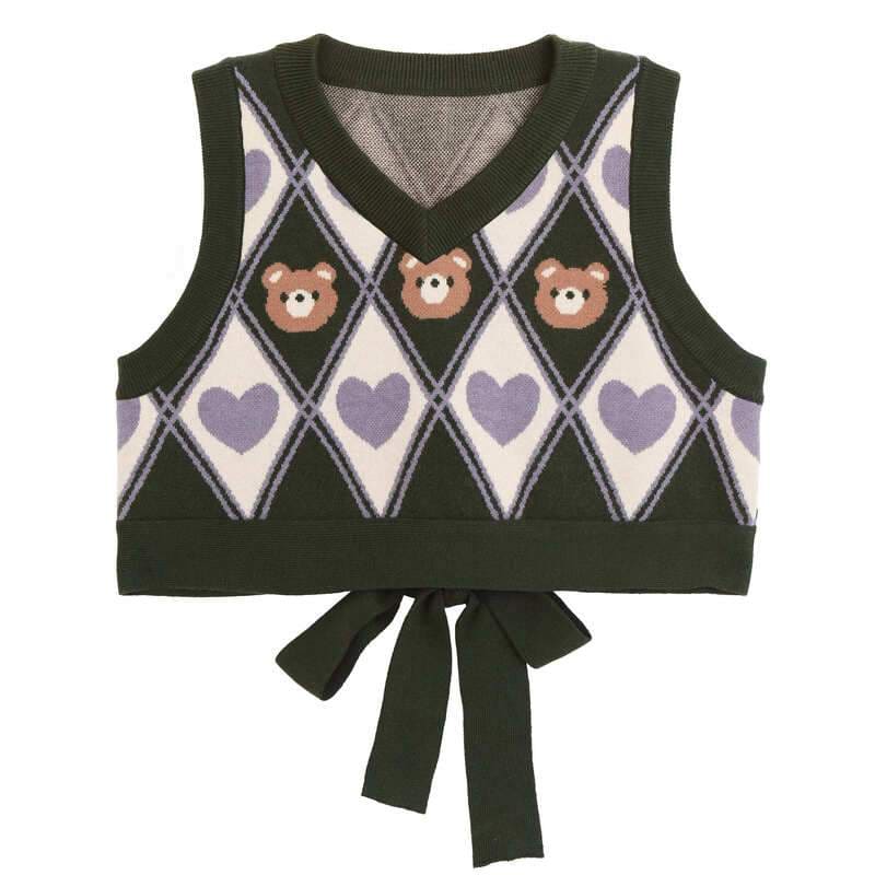 Dark Academia Retro Green Kawaii Bear Knitting Vest MK16803