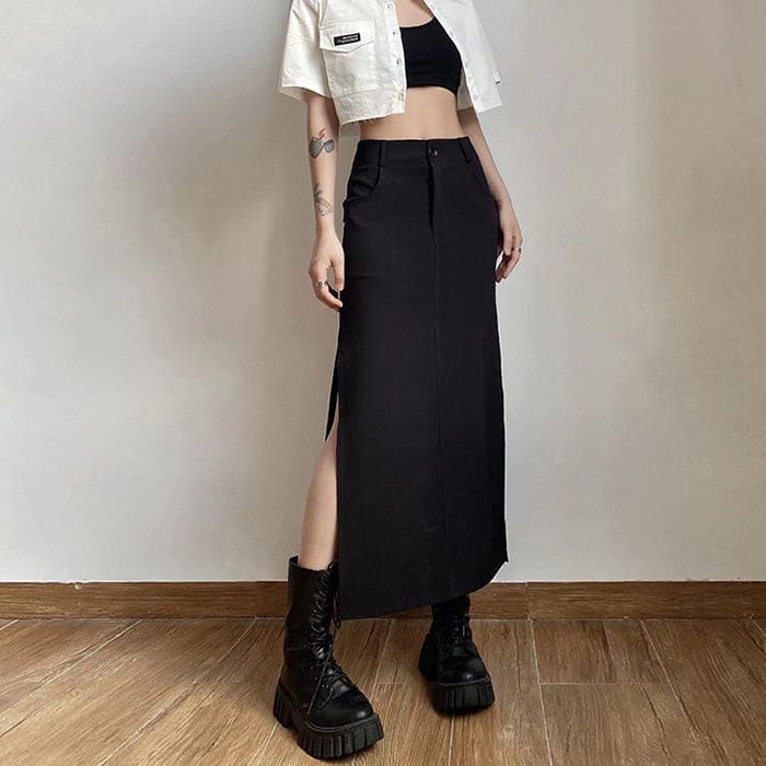 Dark Black Aesthetic Long Skirt - Skirt