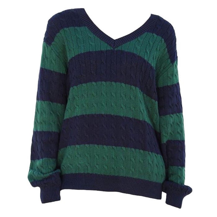 Dark Green Striped Knit Jumper - Sweater