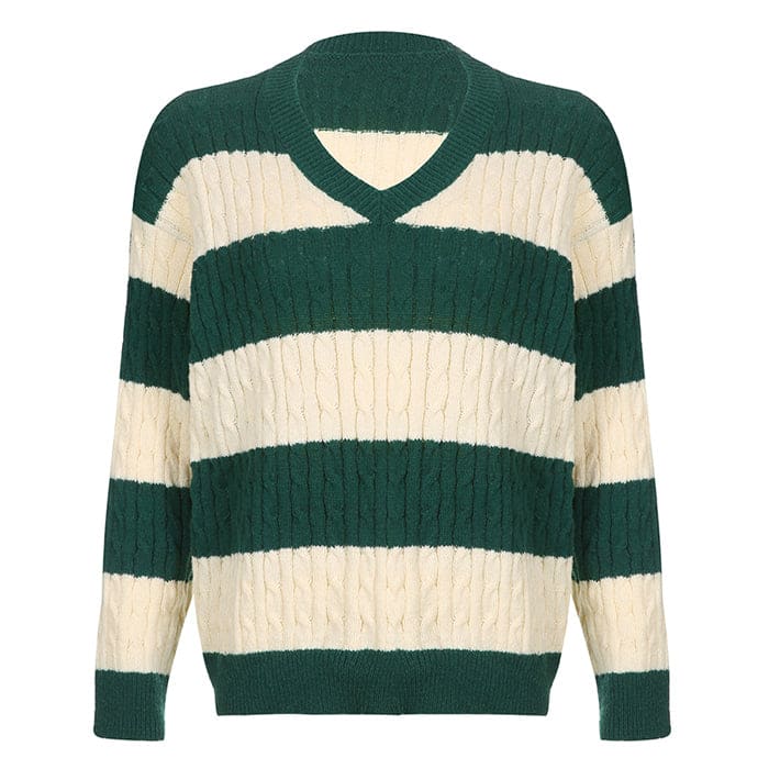 Dark Green Striped Knit Jumper - Sweater