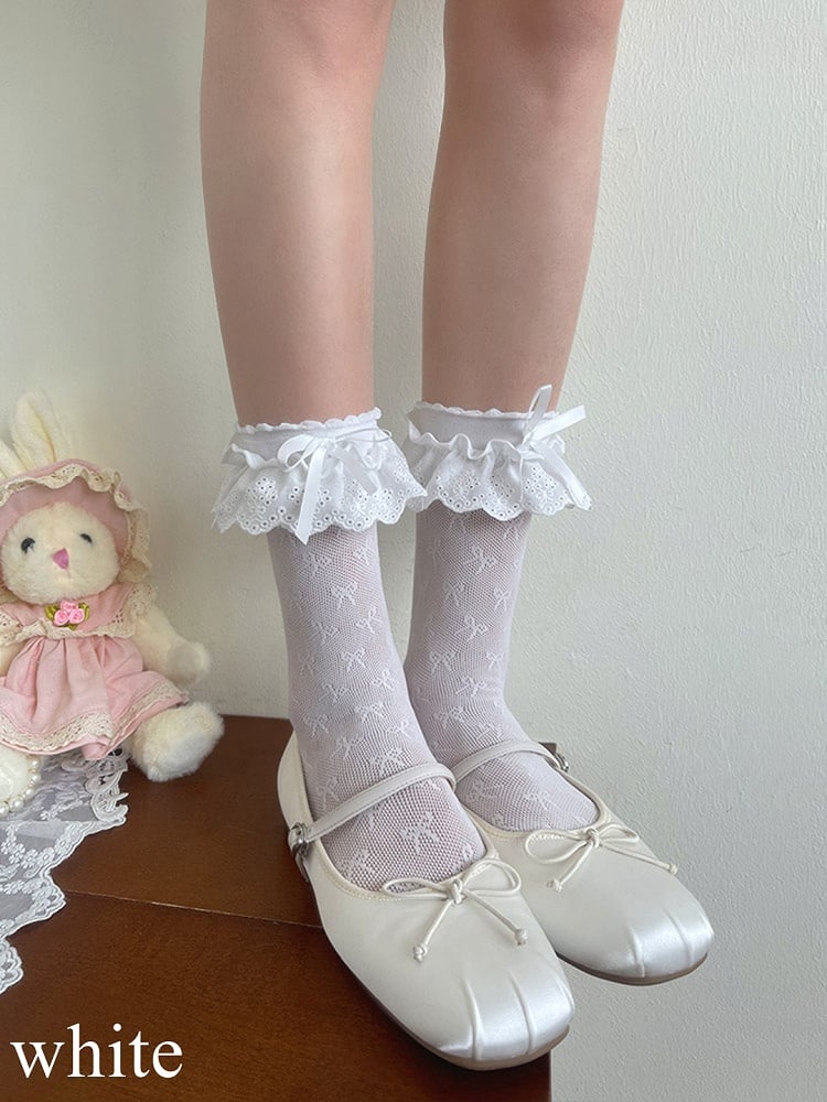 Black/White/Apricot Lace Socks Hollow-out Trim Bowknot Details