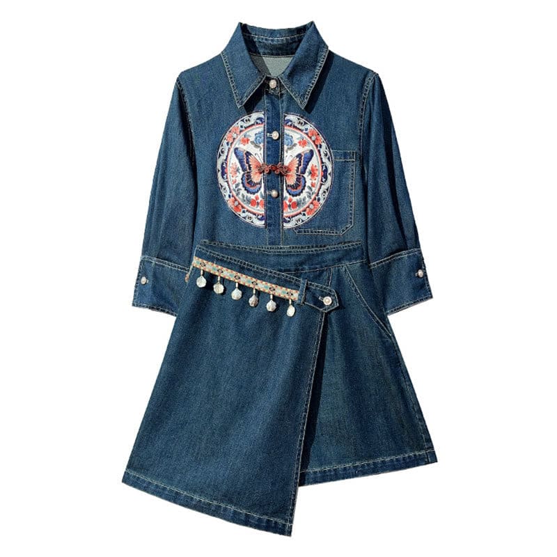 Denim Butterfly Shirt Irregular Skirt Set - Set / S