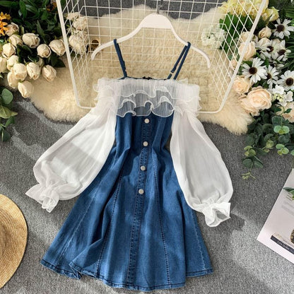 Denim Fashion Lantern Sleeve Gauze Ruffles Off Shoulder