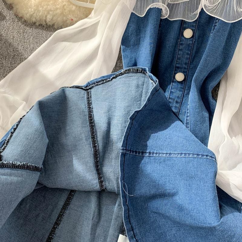 Denim Fashion Lantern Sleeve Gauze Ruffles Off Shoulder