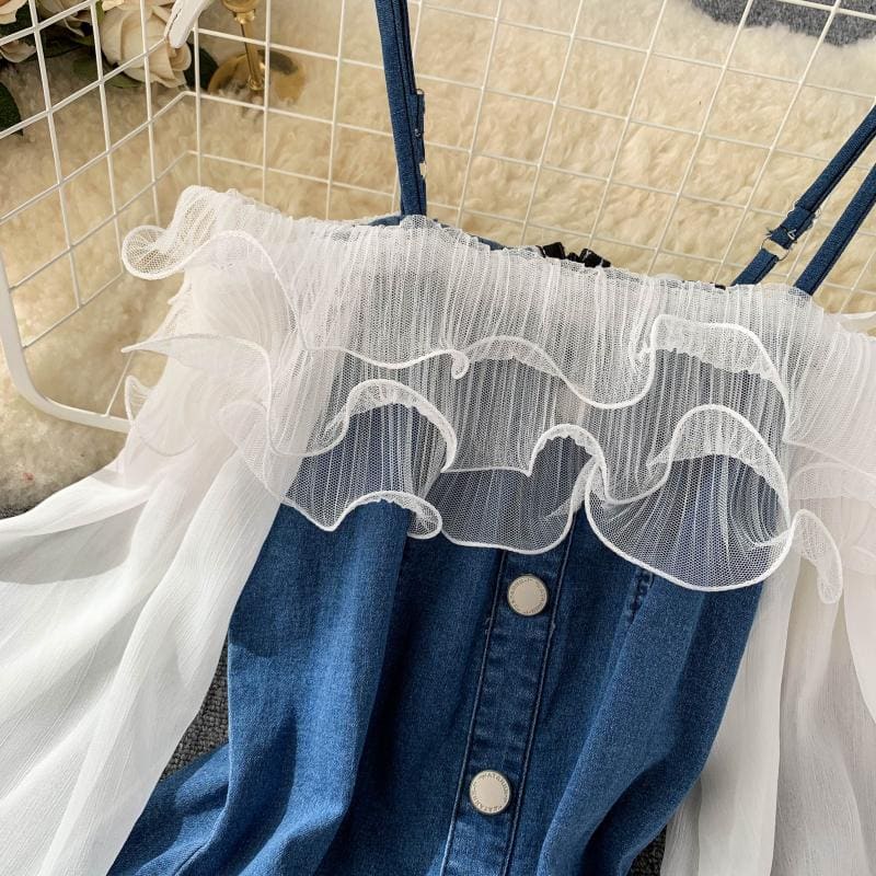 Denim Fashion Lantern Sleeve Gauze Ruffles Off Shoulder