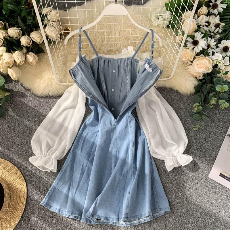 Denim Fashion Lantern Sleeve Gauze Ruffles Off Shoulder