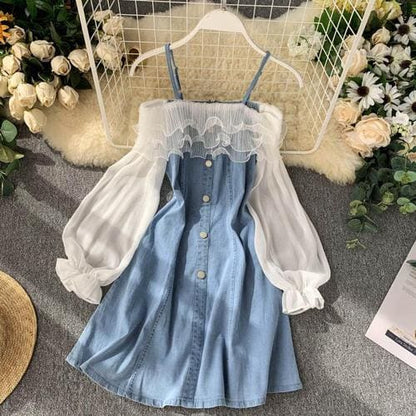 Denim Fashion Lantern Sleeve Gauze Ruffles Off Shoulder