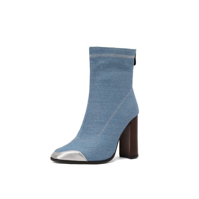 Denim Pointed Toe Chunky Heel Short Boots - Blue / 34