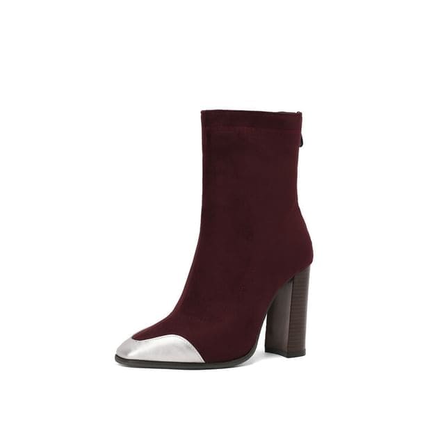 Denim Pointed Toe Chunky Heel Short Boots - Wine Red / 34