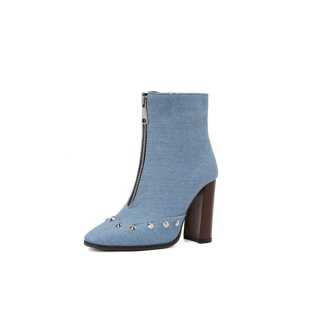 Denim Studded Pointed Toe Chunky Heel Short Boots - Blue