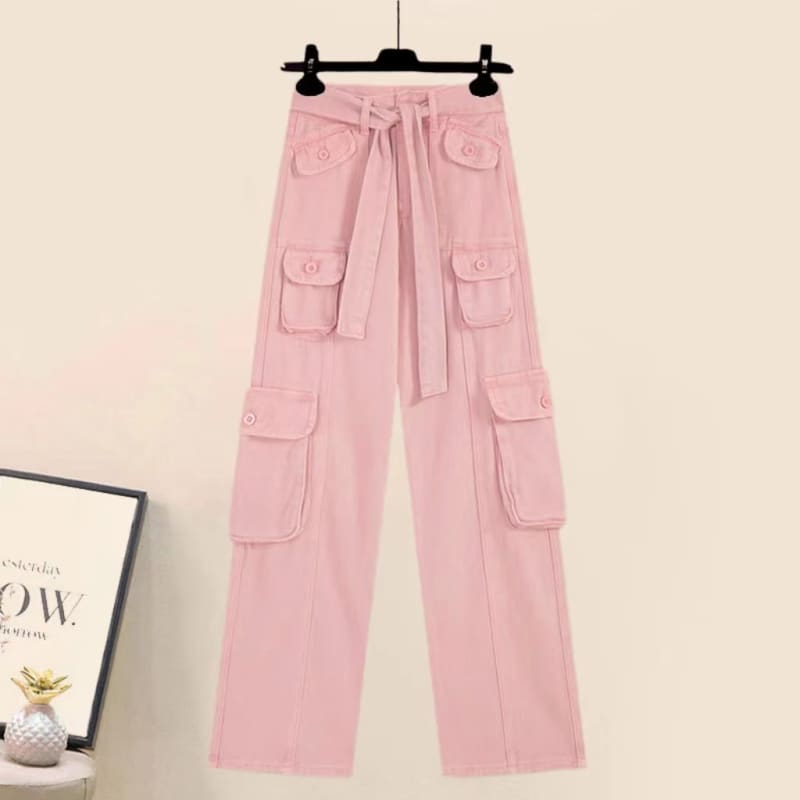 Denim Top Casual Pocketed Cargo Pants - Pink Pants / M