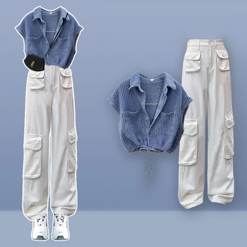 Denim Top Casual Pocketed Cargo Pants - Set B / M