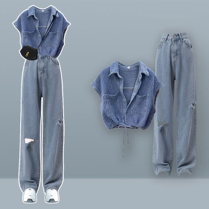 Denim Top Casual Pocketed Cargo Pants - Set D / M