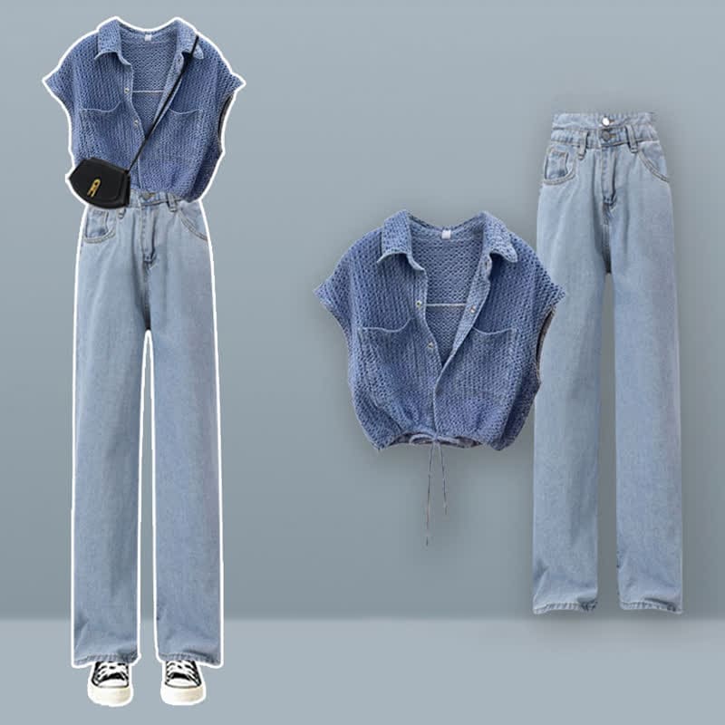 Denim Top Casual Pocketed Cargo Pants - Set E / M