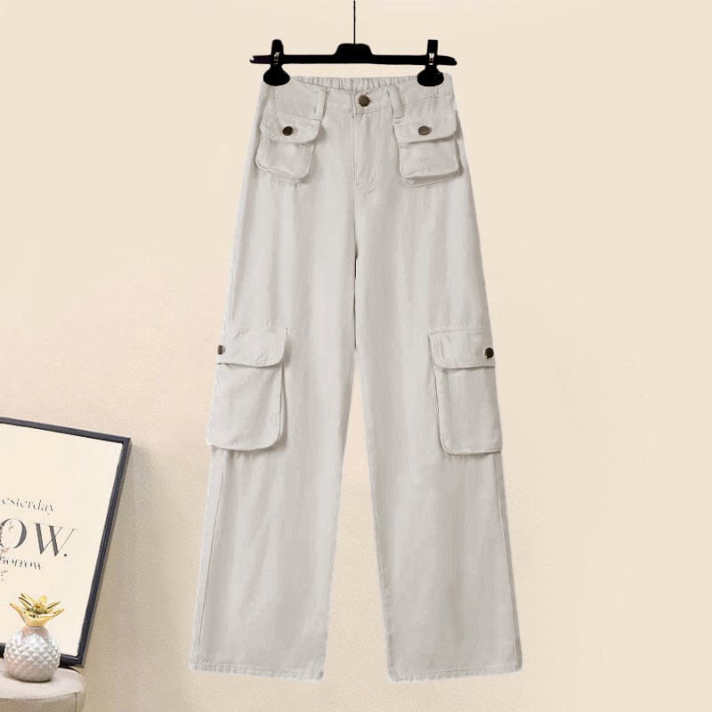 Denim Top Casual Pocketed Cargo Pants - White Pants / M