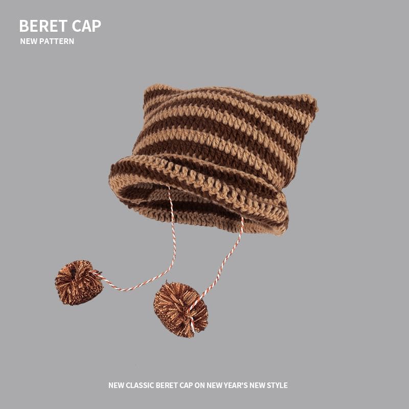 Devil Ear Striped Pom Pom Knit Beanie