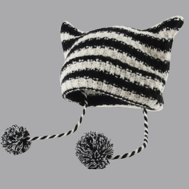 Devil Ear Striped Pom Pom Knit Beanie - A-418CHT - Stripe