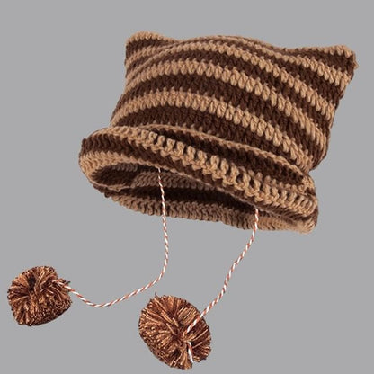 Devil Ear Striped Pom Pom Knit Beanie - A-418CHT - Stripe