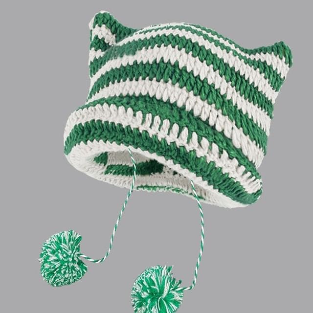 Devil Ear Striped Pom Pom Knit Beanie - A-418CHT - Stripe