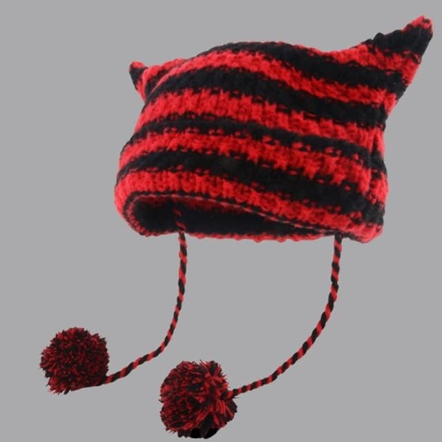 Devil Ear Striped Pom Pom Knit Beanie - A-418CHT - Stripe