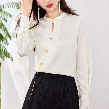 Diagonal Button Plain Cutout Blouse - Almond / S