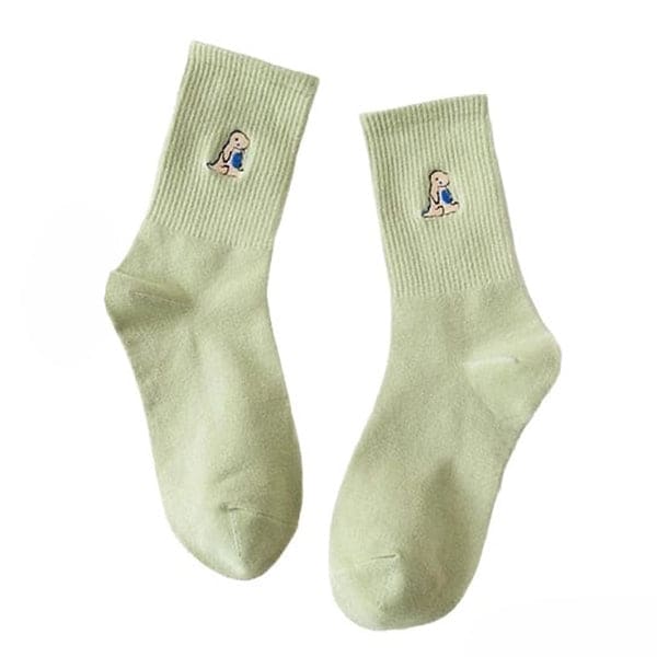 Dino Embroidery Socks - Free Size / Green - Socks