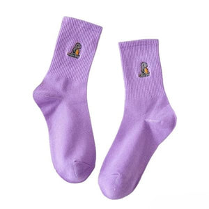 Dino Embroidery Socks - Free Size / Purple - Socks
