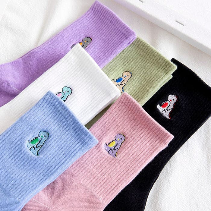 Dino Embroidery Socks - Free Size / White - Socks