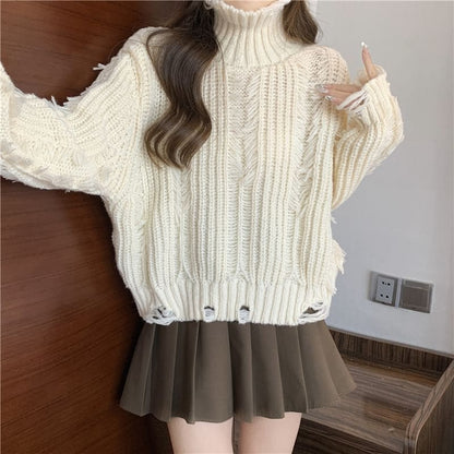 Distressed Turtleneck Cropped Sweater in 5 Colors