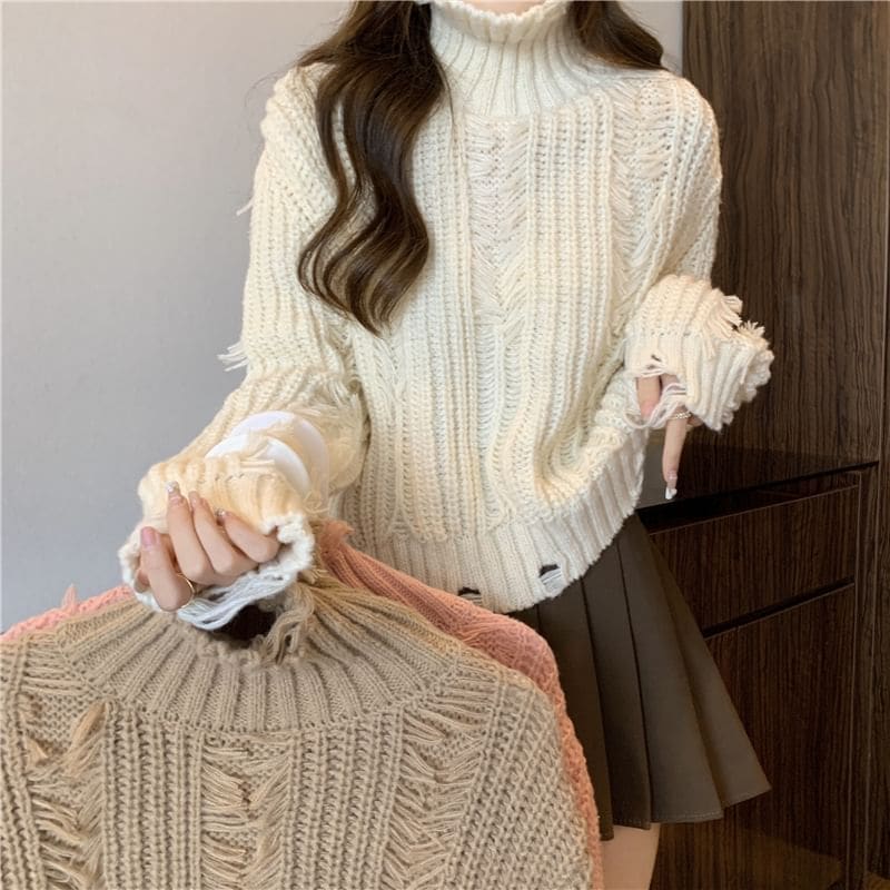 Distressed Turtleneck Cropped Sweater in 5 Colors