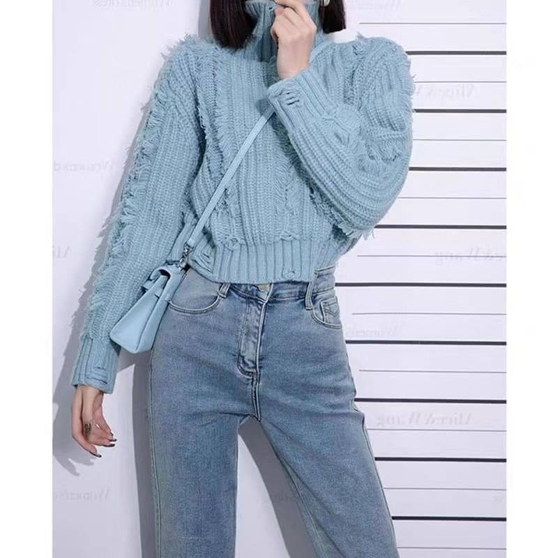 Distressed Turtleneck Cropped Sweater in 5 Colors