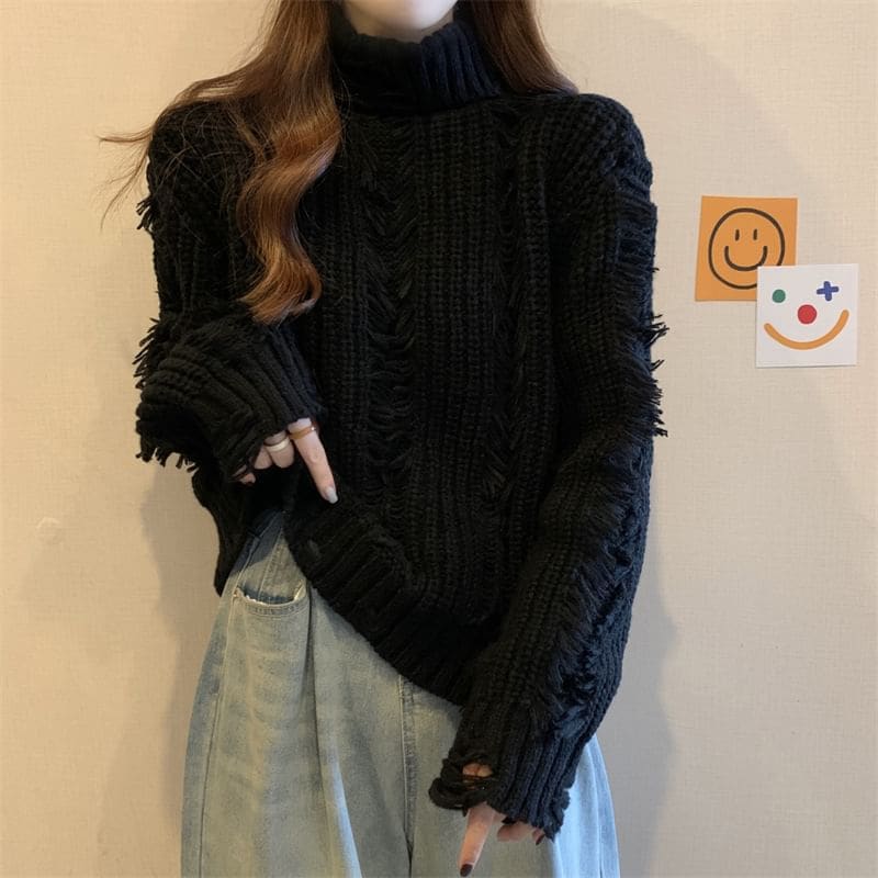 Distressed Turtleneck Cropped Sweater in 5 Colors