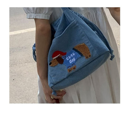 Dog Applique Drawstring Denim Tote Bag