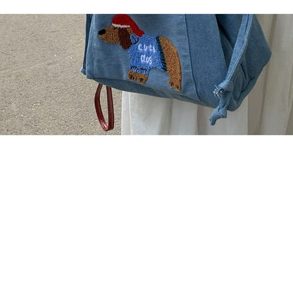 Dog Applique Drawstring Denim Tote Bag