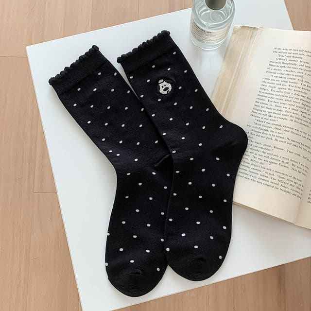 Dog Embroidered Dotted Socks / Set - Dotted - Black