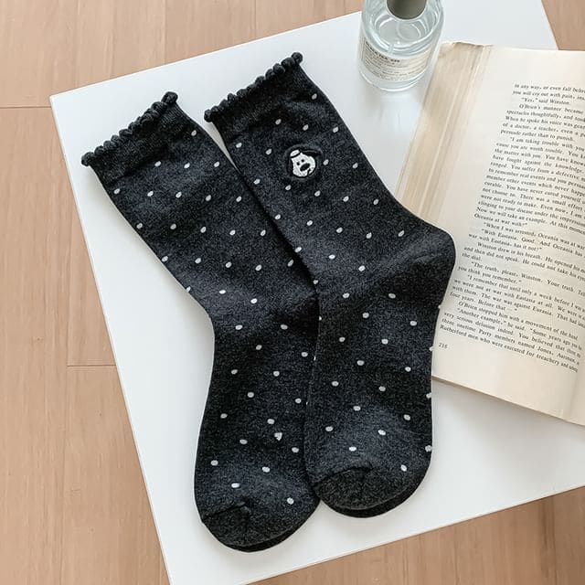 Dog Embroidered Dotted Socks / Set - Dotted - Dark Gray