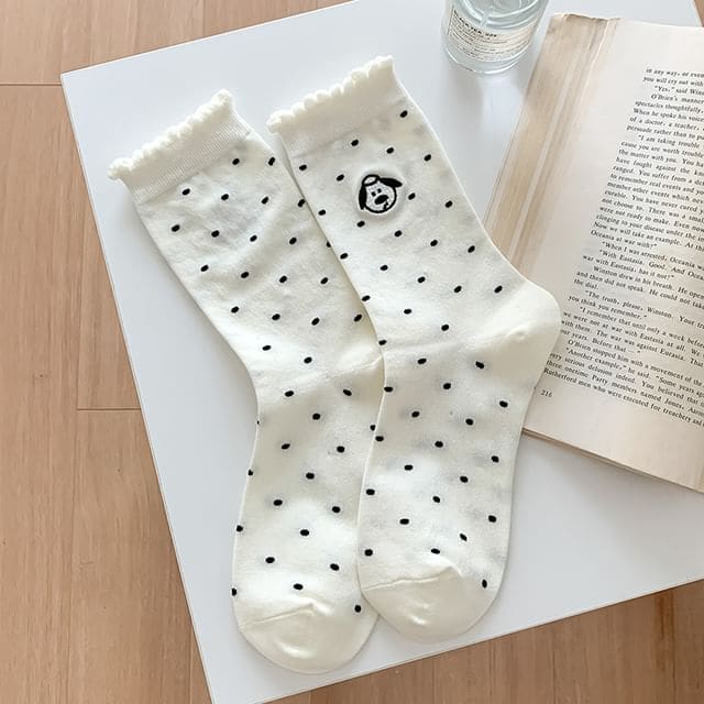 Dog Embroidered Dotted Socks / Set - Dotted - White