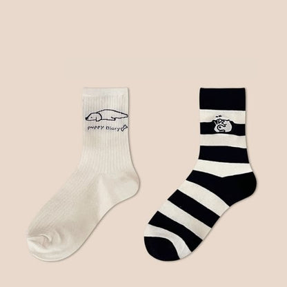 Dog Embroidered Socks Set - Edition 01 - 2 Pair - Black &