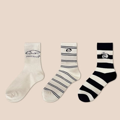 Dog Embroidered Socks Set - Edition 07 - 3 Pair - Black &