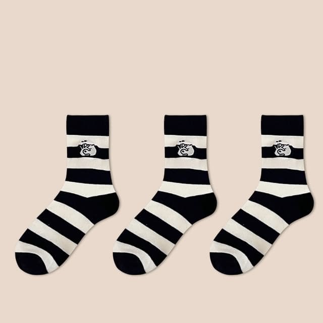 Dog Embroidered Socks Set - Edition 08 - 3 Pair - Black &