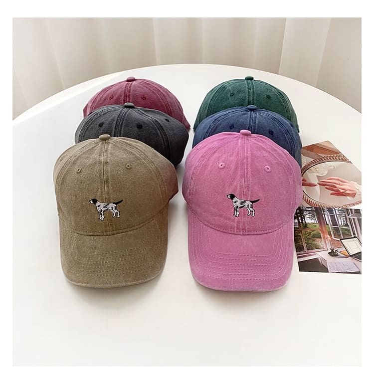 Dog Embroidered Washed Baseball Cap - Hats