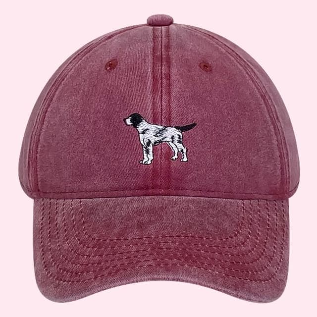 Dog Embroidered Washed Baseball Cap - Washed Wine Red