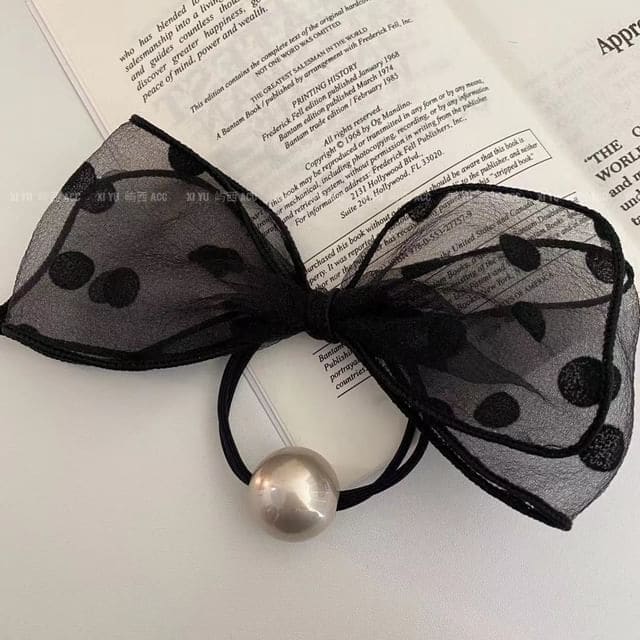 Dotted Bow Faux Pearl Hair Tie - Black / One Size