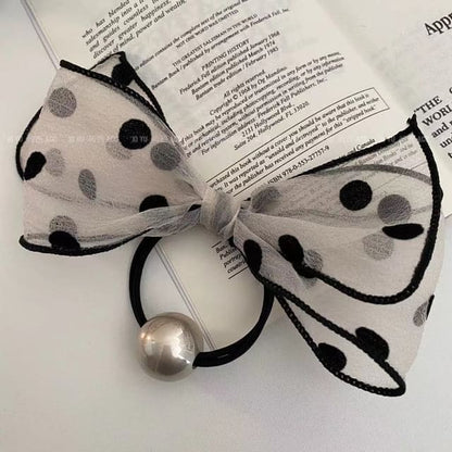 Dotted Bow Faux Pearl Hair Tie - Gray / One Size