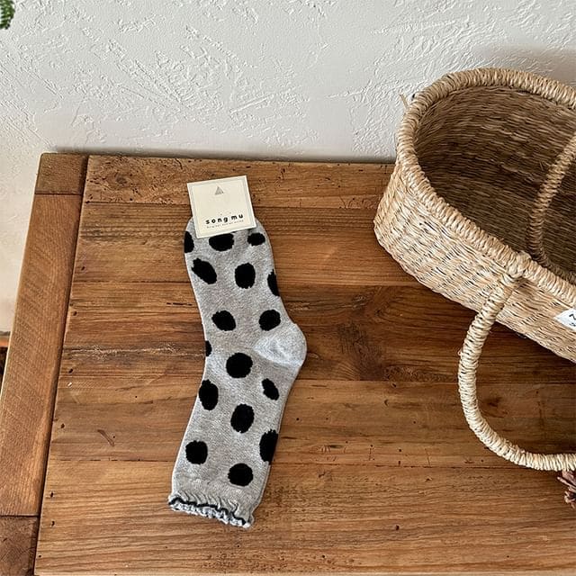 Dotted Frill Trim Socks - Black Dotted - Gray / One Size