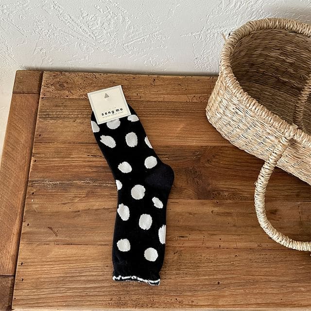 Dotted Frill Trim Socks - White Dotted - Black / One Size