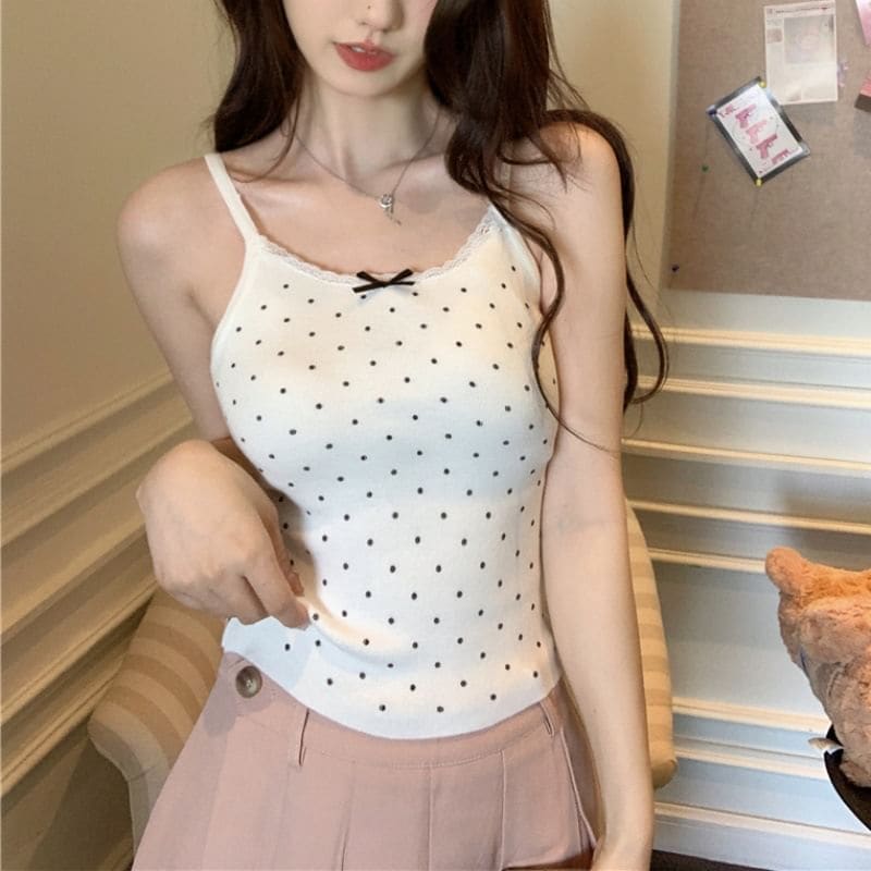 Dotted Lace Trim Bow Camisole Top