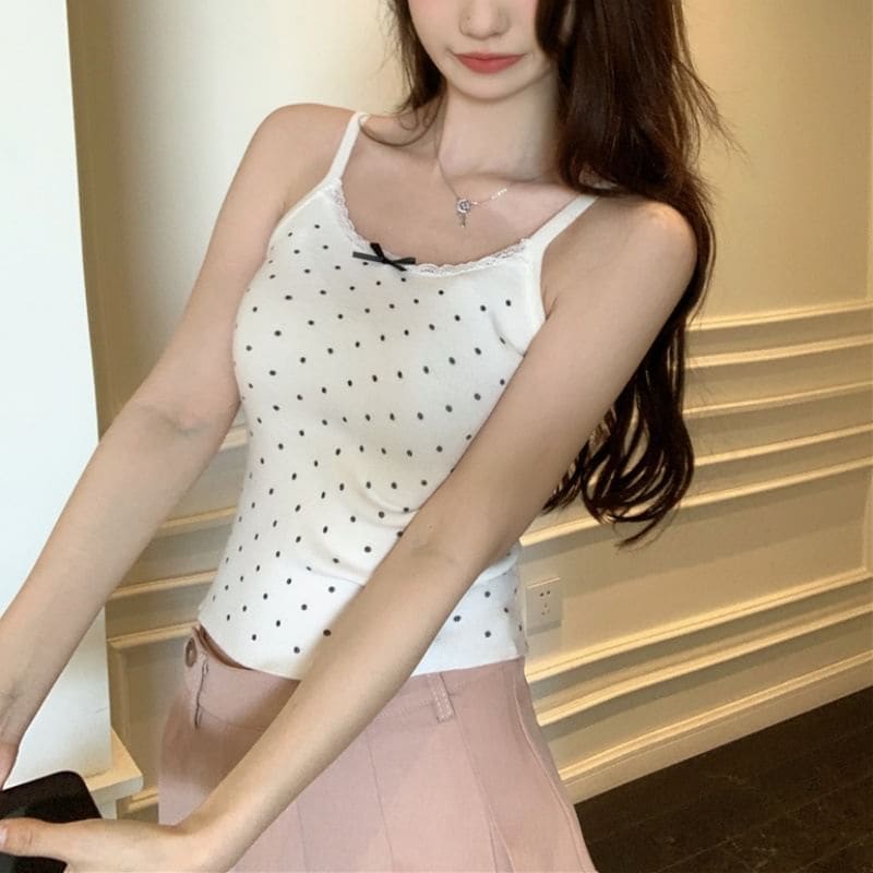 Dotted Lace Trim Bow Camisole Top